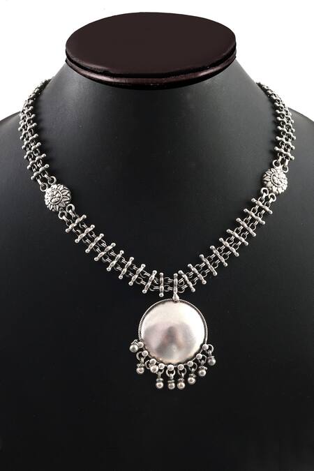 Noor_Silver Plated Floral Motif Long Pendant Necklace_Online_at_Aza_Fashions
