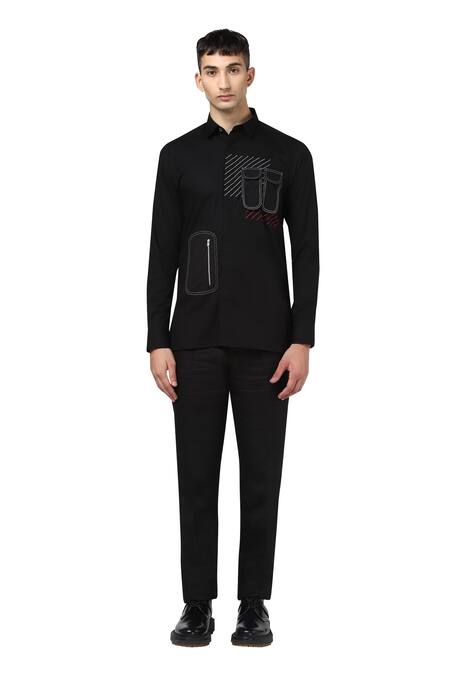 Buy_Noonoo_Black 100% Giza Cotton Embroidered Shirt _Online_at_Aza_Fashions
