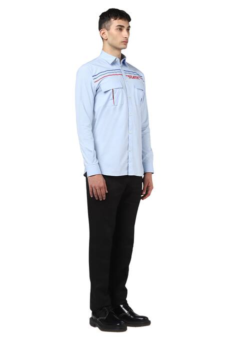 Noonoo Blue 3% Spandex, 97% Giza Cotton Embroidered Shirt Online at Aza Fashions Noonoo_Blue 3% Spandex, 97% Giza Cotton Embroidered Shirt _Online_at_Aza_Fashions