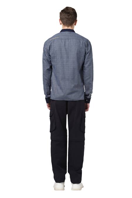 Shop Noonoo Blue 100% Cotton Checkered Embroidered Jacket at Aza Fashions Shop_Noonoo_Blue 100% Cotton Checkered Embroidered Jacket _at_Aza_Fashions