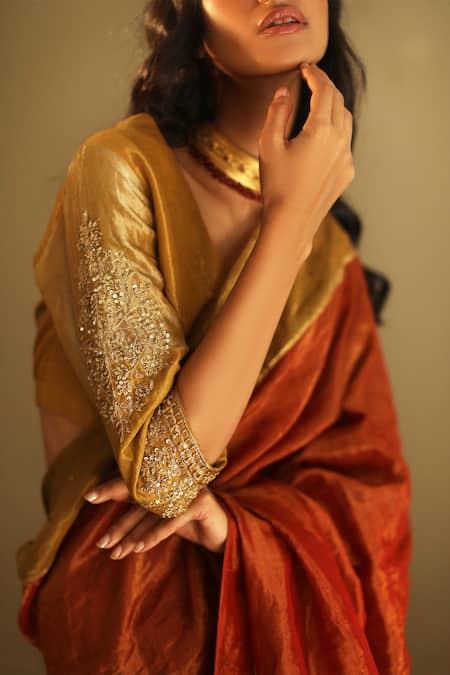 Shorshe Clothing Gold Handloom Tissue V Neck Semi-stitched Blouse Online at Aza Fashions Shorshe Clothing_Gold Handloom Tissue V Neck Semi-stitched Blouse _Online_at_Aza_Fashions