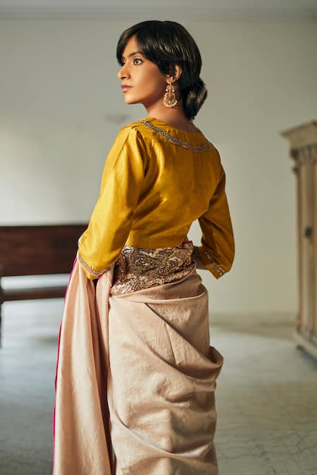Shop Shorshe Clothing Yellow Handloom Silk V Neck Blouse at Aza Fashions Shop_Shorshe Clothing_Yellow Handloom Silk V Neck Blouse_at_Aza_Fashions