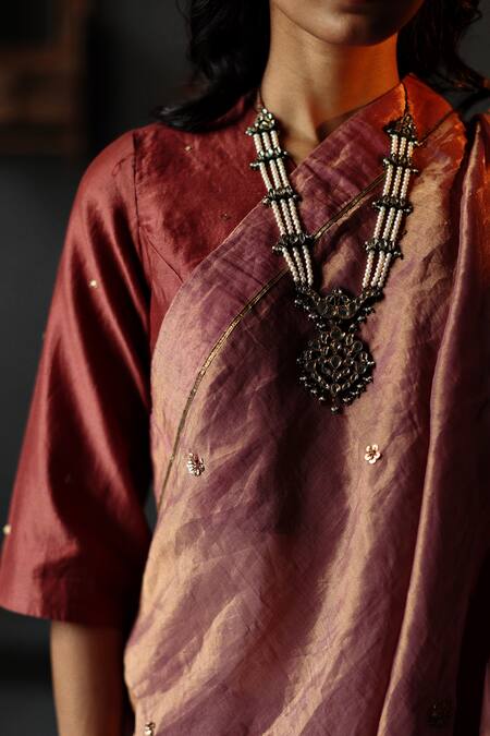 Buy_Shorshe Clothing_Red Chanderi, Lining Shantoon Sequin V Neck Embroidered Blouse _Online_at_Aza_Fashions