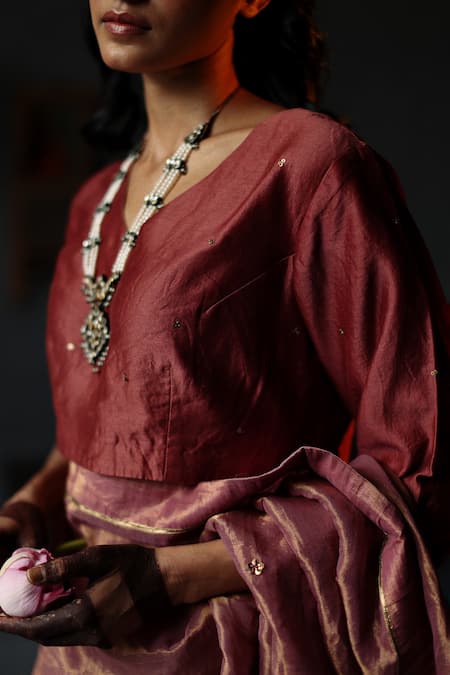 Shorshe Clothing_Red Chanderi, Lining Shantoon Sequin V Neck Embroidered Blouse _at_Aza_Fashions