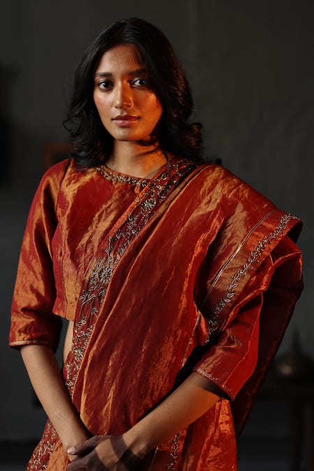 Buy_Shorshe Clothing_Red Handloom Tissue, Lining Shantoon Plain Boat Neck Blouse _Online_at_Aza_Fashions