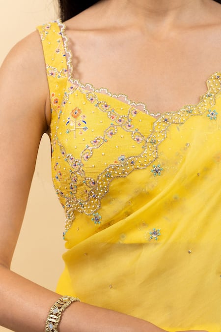 Shop_Pita Nila_Yellow Satin, , Organza Beads, Soha Saree With Chokor Print Blouse _Online_at_Aza_Fashions