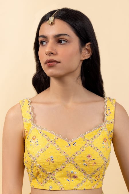 Pita Nila_Yellow Satin, , Organza Beads, Soha Saree With Chokor Print Blouse _at_Aza_Fashions