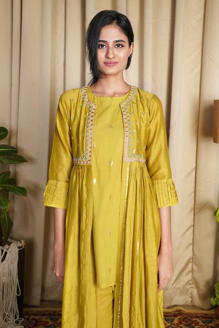 Buy_Label NE'Chi_Green Lurex, Chanderi Silk Round Embroidered Jacket And Kurta Set_Online_at_Aza_Fashions