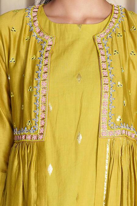 Shop_Label NE'Chi_Green Lurex, Chanderi Silk Round Embroidered Jacket And Kurta Set_Online_at_Aza_Fashions