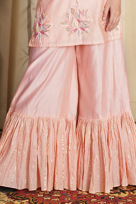 Label NE'Chi_Peach Lurex, Chanderi Silk Bustier Sweetheart Embroidered And Gharara Set_Online_at_Aza_Fashions