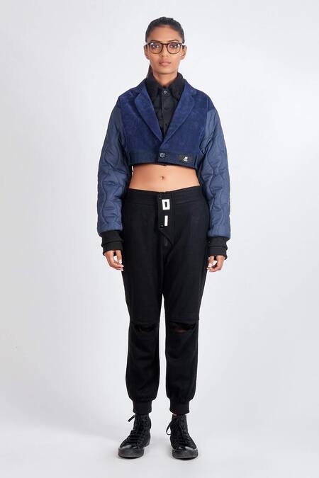 Shop_Noughtone_Blue Nylon, Rib, Suede Notched Lapel Puffer Short Jacket_Online_at_Aza_Fashions