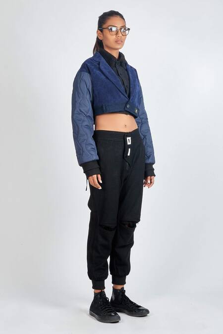 Noughtone_Blue Nylon, Rib, Suede Notched Lapel Puffer Short Jacket_Online_at_Aza_Fashions