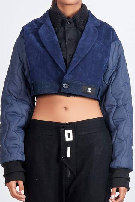 Noughtone_Blue Nylon, Rib, Suede Notched Lapel Puffer Short Jacket_at_Aza_Fashions