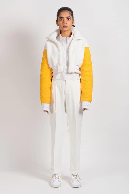 Shop_Noughtone_White Polyester, Faux Shearling, Nylon, Parachute Oversize Colorblock Jacket_Online_at_Aza_Fashions