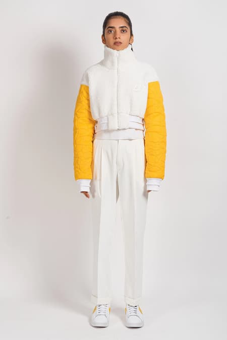 Noughtone_White Polyester, Faux Shearling, Nylon, Parachute Oversize Colorblock Jacket_Online_at_Aza_Fashions