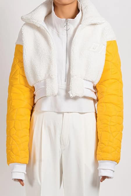 Noughtone_White Polyester, Faux Shearling, Nylon, Parachute Oversize Colorblock Jacket_at_Aza_Fashions