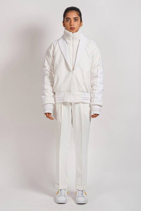 Shop_Noughtone_White Polyester, Fleece Shawl Lapel Jacket_Online_at_Aza_Fashions