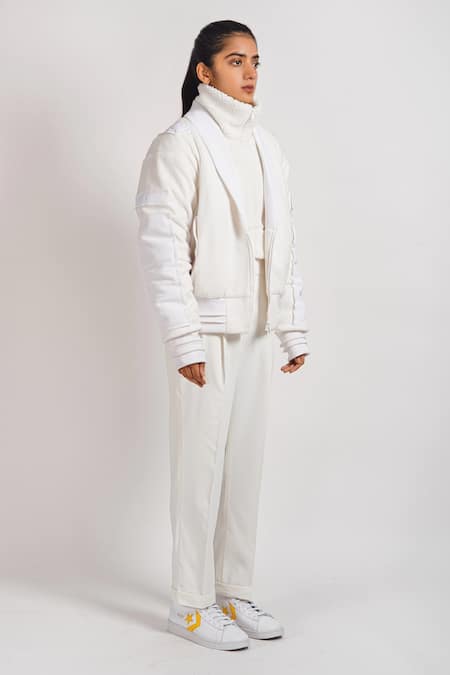 Noughtone_White Polyester, Fleece Shawl Lapel Jacket_Online_at_Aza_Fashions