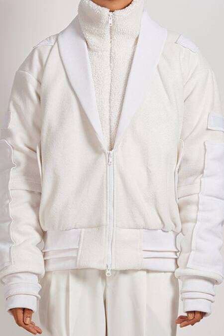 Noughtone_White Polyester, Fleece Shawl Lapel Jacket_at_Aza_Fashions