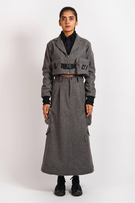 Shop Noughtone Grey 20% Polyester, 80% Wool Notched Collar Cropped Bomber Jacket Online at Aza Fashions Shop_Noughtone_Grey 20% Polyester, 80% Wool Notched Collar Cropped Bomber Jacket_Online_at_Aza_Fashions