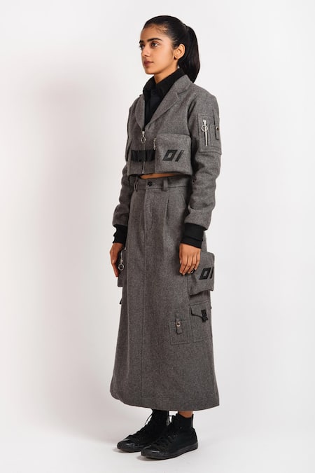 Noughtone Grey 20% Polyester, 80% Wool Notched Collar Cropped Bomber Jacket Online at Aza Fashions Noughtone_Grey 20% Polyester, 80% Wool Notched Collar Cropped Bomber Jacket_Online_at_Aza_Fashions