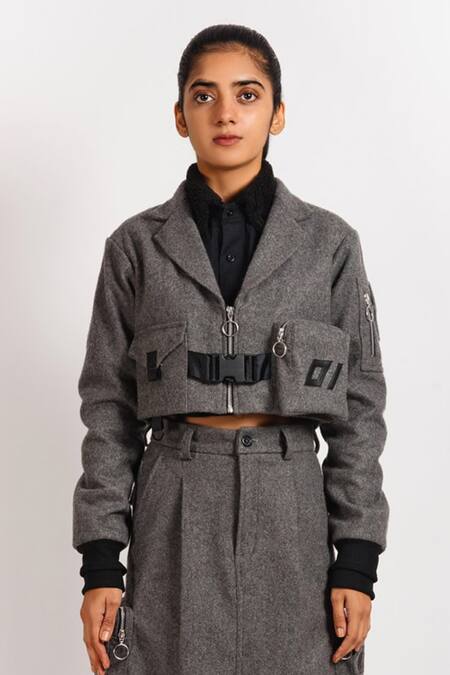 NoughtOne Grey 80% Wool Notched Collar Cropped Bomber Jacket 