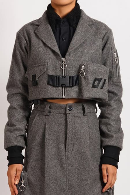 Noughtone Grey 20% Polyester, 80% Wool Notched Collar Cropped Bomber Jacket at Aza Fashions Noughtone_Grey 20% Polyester, 80% Wool Notched Collar Cropped Bomber Jacket_at_Aza_Fashions