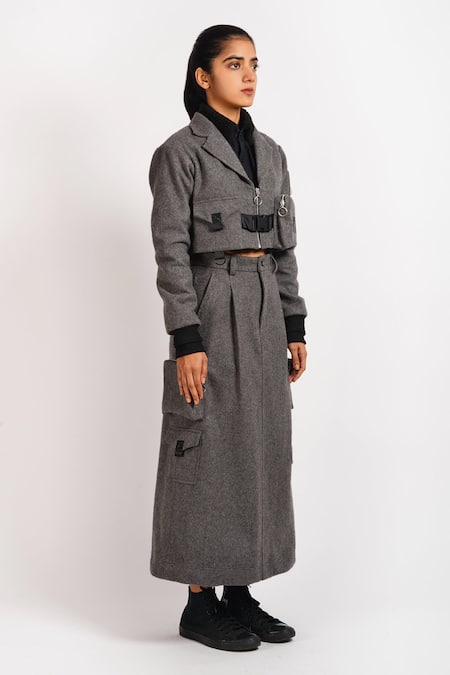 Shop Noughtone Grey 20% Polyester, 80% Wool Pleated Skirt at Aza Fashions Shop_Noughtone_Grey 20% Polyester, 80% Wool Pleated Skirt_at_Aza_Fashions