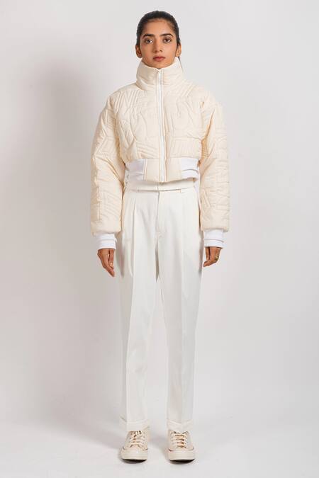 Shop_Noughtone_White Polyester, Nylon High Neck Quilted Puffer Oversize Jacket_Online_at_Aza_Fashions