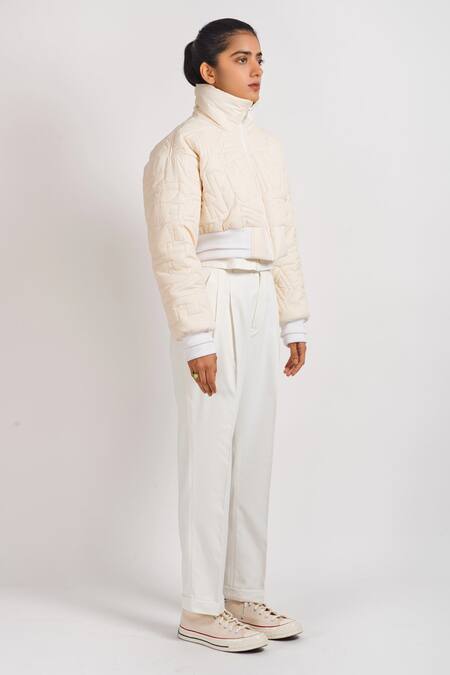 Noughtone_White Polyester, Nylon High Neck Quilted Puffer Oversize Jacket_Online_at_Aza_Fashions