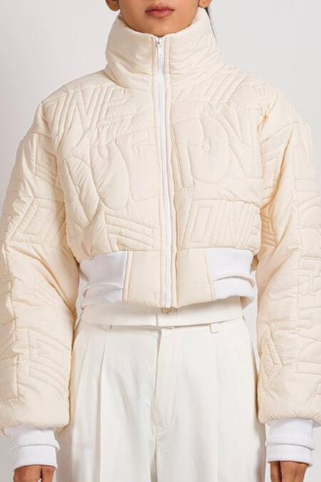 Noughtone_White Polyester, Nylon High Neck Quilted Puffer Oversize Jacket_at_Aza_Fashions