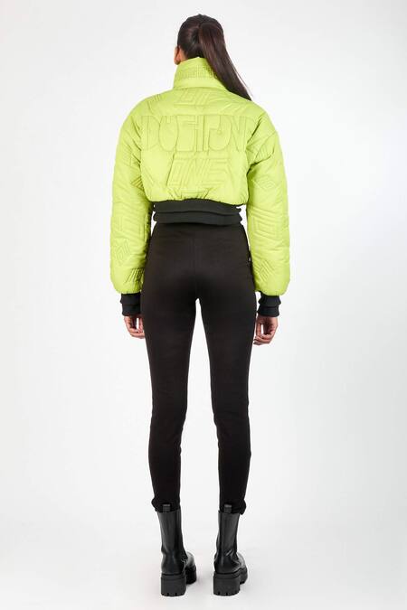 Shop Noughtone Green Polyester, Nylon High Neck Quilted Puffer Oversize Jacket at Aza Fashions Shop_Noughtone_Green Polyester, Nylon High Neck Quilted Puffer Oversize Jacket_at_Aza_Fashions