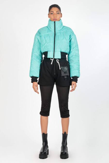 Shop Noughtone Blue Polyester, Nylon High Neck Quilted Puffer Oversize Jacket Online at Aza Fashions Shop_Noughtone_Blue Polyester, Nylon High Neck Quilted Puffer Oversize Jacket_Online_at_Aza_Fashions