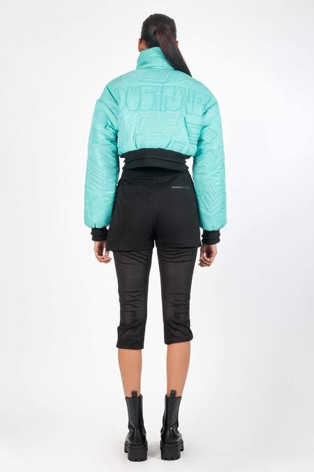 Shop Noughtone Blue Polyester, Nylon High Neck Quilted Puffer Oversize Jacket at Aza Fashions Shop_Noughtone_Blue Polyester, Nylon High Neck Quilted Puffer Oversize Jacket_at_Aza_Fashions