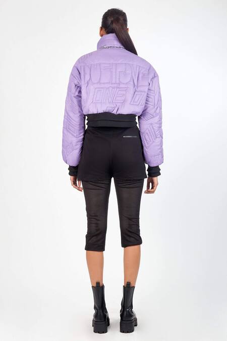 Shop Noughtone Purple Polyester, Nylon High Neck Quilted Puffer Oversize Jacket at Aza Fashions Shop_Noughtone_Purple Polyester, Nylon High Neck Quilted Puffer Oversize Jacket_at_Aza_Fashions