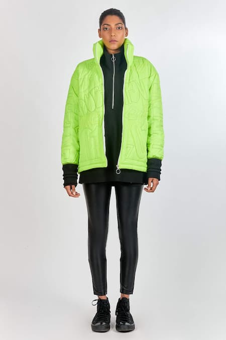 Shop_Noughtone_Green Polyester, Nylon High Neck Quilted Puffer Oversize Jacket_Online_at_Aza_Fashions