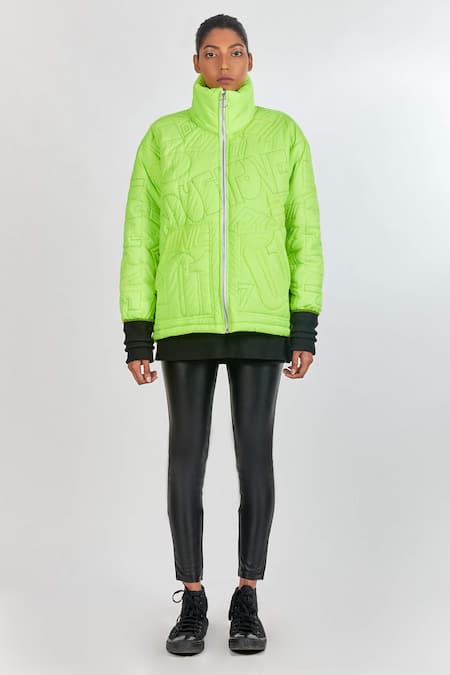 Noughtone_Green Polyester, Nylon High Neck Quilted Puffer Oversize Jacket_Online_at_Aza_Fashions