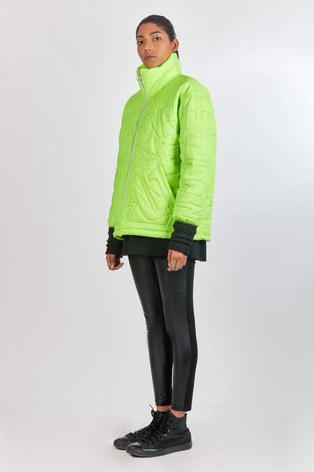 Buy_Noughtone_Green Polyester, Nylon High Neck Quilted Puffer Oversize Jacket_Online_at_Aza_Fashions