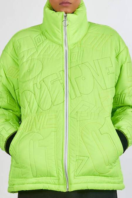 Noughtone_Green Polyester, Nylon High Neck Quilted Puffer Oversize Jacket_at_Aza_Fashions