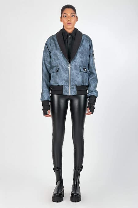 Shop Noughtone Blue Polyester Shawl Lapel Bomber Jacket Online at Aza Fashions Shop_Noughtone_Blue Polyester Shawl Lapel Bomber Jacket_Online_at_Aza_Fashions