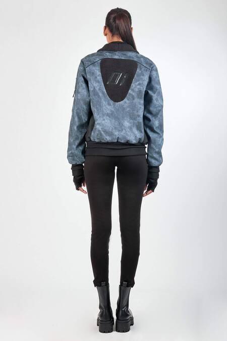 Shop Noughtone Blue Polyester Shawl Lapel Bomber Jacket at Aza Fashions Shop_Noughtone_Blue Polyester Shawl Lapel Bomber Jacket_at_Aza_Fashions