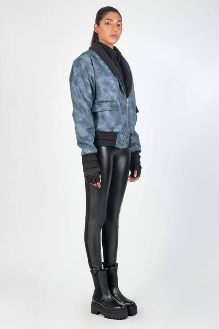 Noughtone Blue Polyester Shawl Lapel Bomber Jacket Online at Aza Fashions Noughtone_Blue Polyester Shawl Lapel Bomber Jacket_Online_at_Aza_Fashions