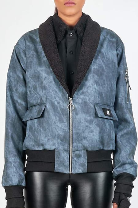 Noughtone Blue Polyester Shawl Lapel Bomber Jacket at Aza Fashions Noughtone_Blue Polyester Shawl Lapel Bomber Jacket_at_Aza_Fashions