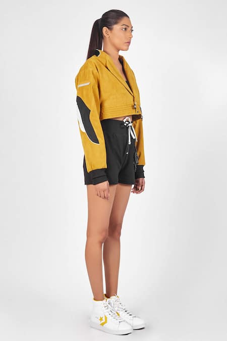 Noughtone_Yellow Mesh, Rib, Suede Notched Cropped Jacket_Online_at_Aza_Fashions