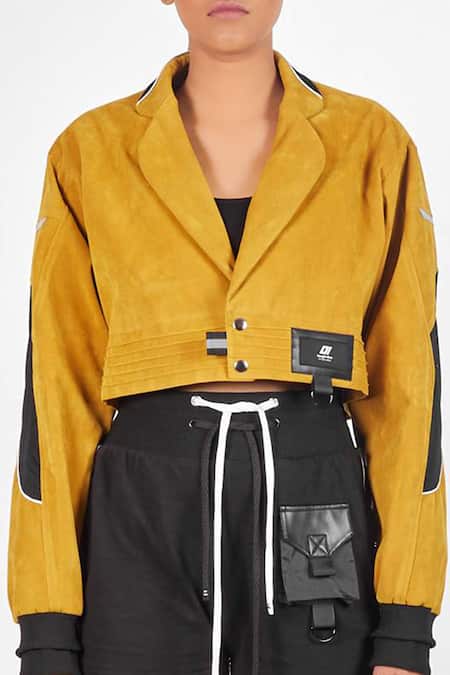 Noughtone_Yellow Mesh, Rib, Suede Notched Cropped Jacket_at_Aza_Fashions