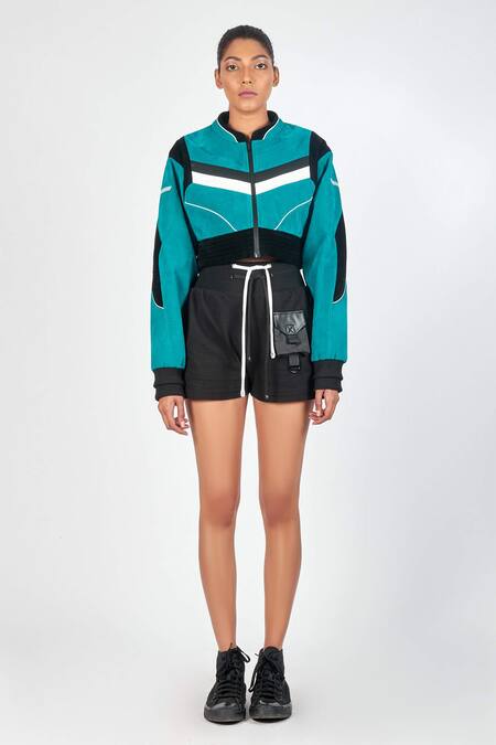 Shop_Noughtone_Blue Rib, Suede Round Colorblock Cropped Jacket_Online_at_Aza_Fashions