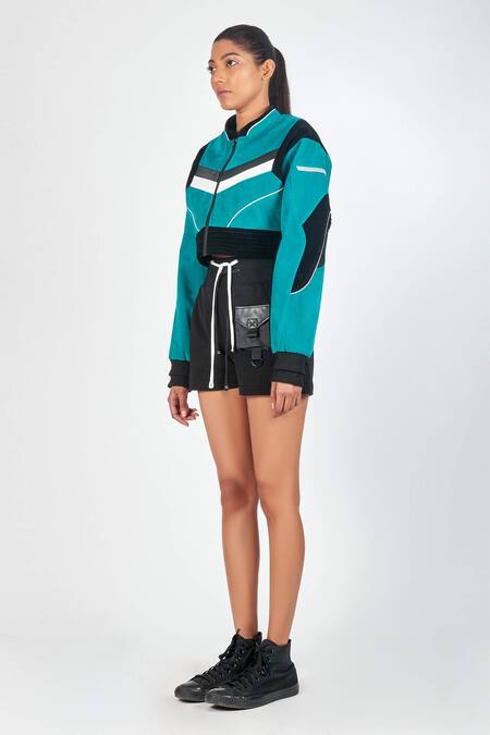 Noughtone_Blue Rib, Suede Round Colorblock Cropped Jacket_Online_at_Aza_Fashions