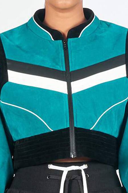 Noughtone_Blue Rib, Suede Round Colorblock Cropped Jacket_at_Aza_Fashions