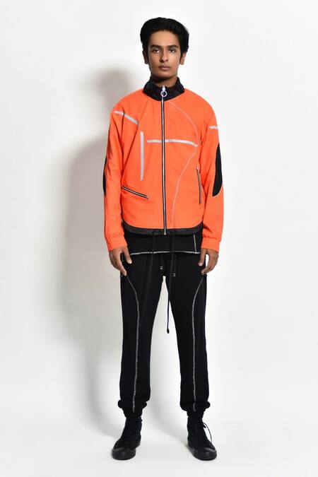 Buy_Noughtone_Orange Polyester, Nylon Striped Oversize Jacket_Online_at_Aza_Fashions