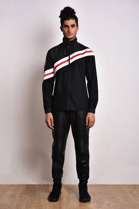 Noughtone_Black Cotton Poplin, Nylon High-neck Oversize Jacket _Online_at_Aza_Fashions